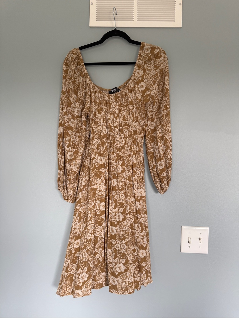 Smocked Floral Midi Dress in Camel Beige